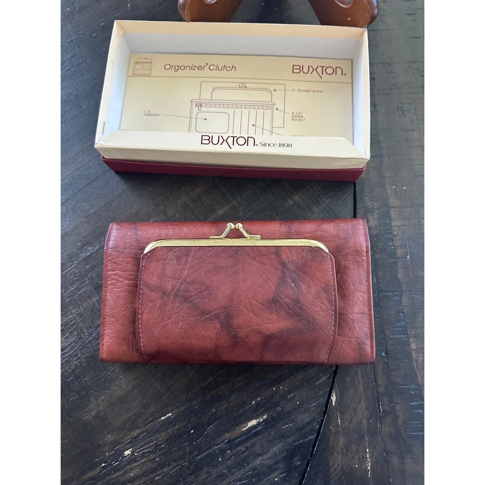 Vintage Buxton Brown Leather Organizer Clutch Wallet Checkbook Kiss Lock 25936-C